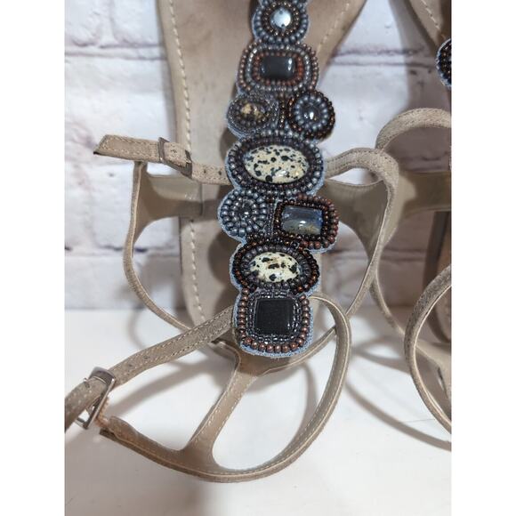 Sigerson Morrison Tan Suede Beaded Stone Sandals Ankle Straps Gladiator Size 9 - Picture 5 of 15